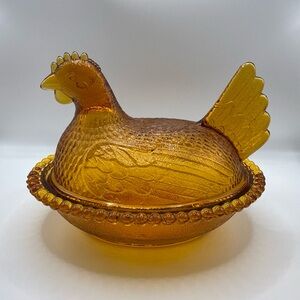 Indiana Glass Amber Hen on Nest Glass Covered Dish (REAL)